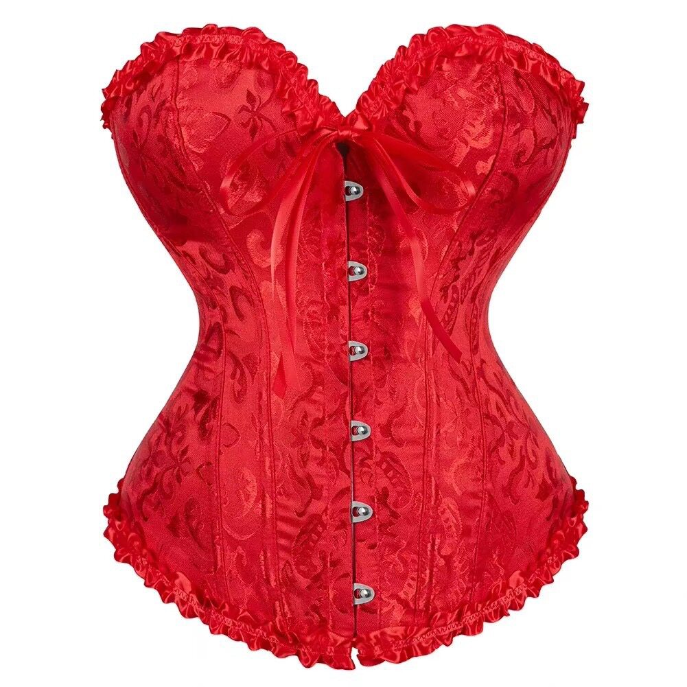 Red corset with ornate pattern and bow at bust, button-front closure