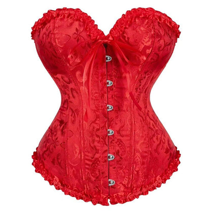 Red corset with ornate pattern and bow at bust, button-front closure