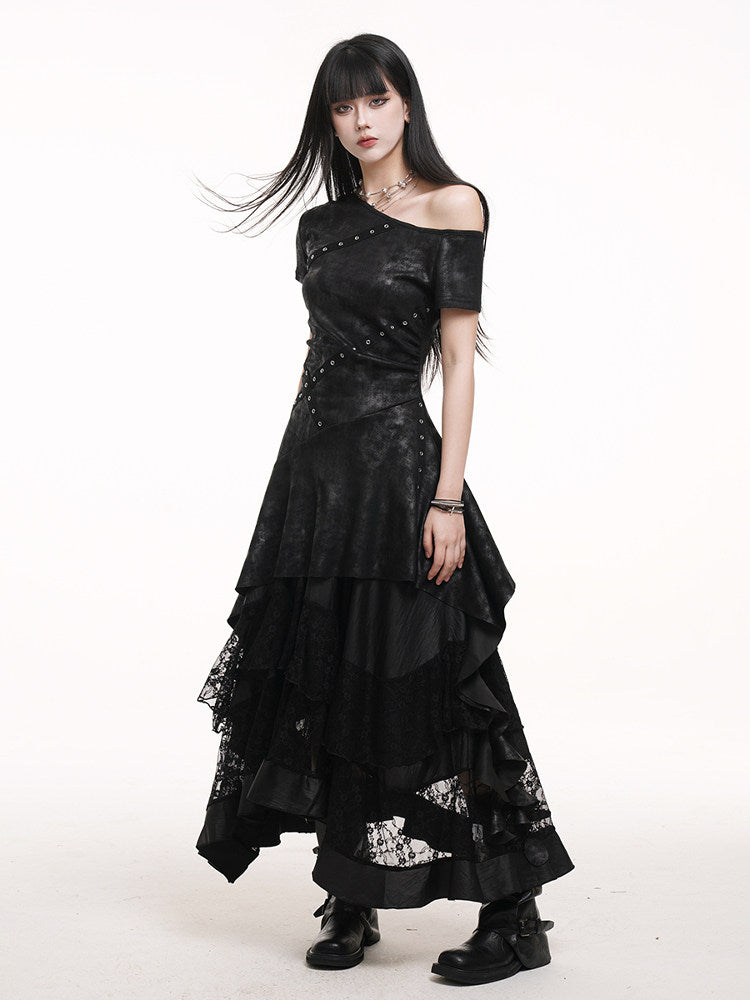 Black irregular tiered maxi skirt with elastic waist and lace-overlay panels at hem