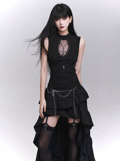 Black sleeveless top with studded scoop neckline and dangling chain pendant