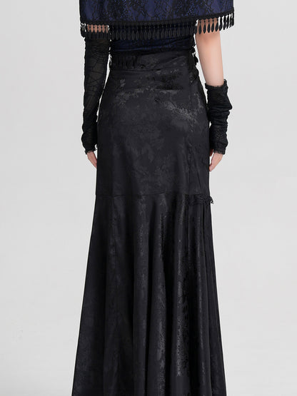 Black jacquard midi skirt with elastic waist and pleated, flared bottom