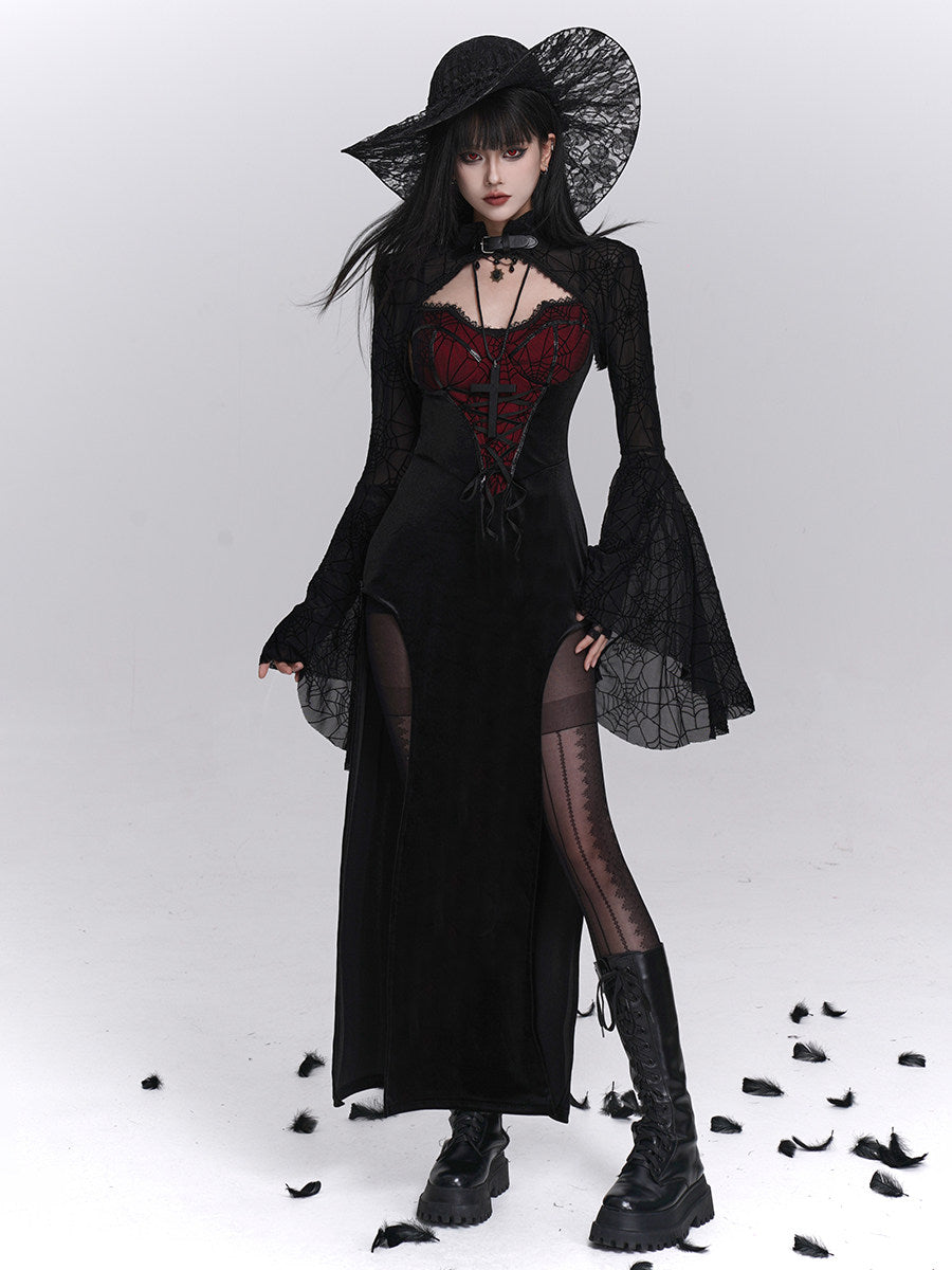 Black gothic high-slit camisole dress with red corset embroidery and sheer lace sleeves