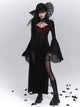 Black gothic high-slit camisole dress with red corset embroidery and sheer lace sleeves