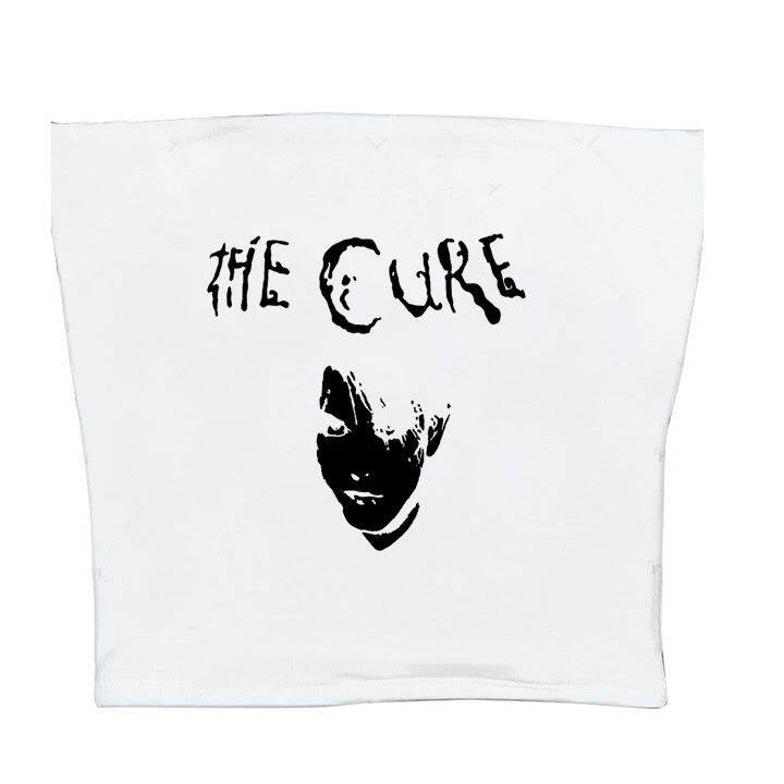 White sleeveless graphic cami with black The Cure logo and portrait print