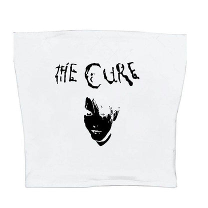 White sleeveless graphic cami with black The Cure logo and portrait print