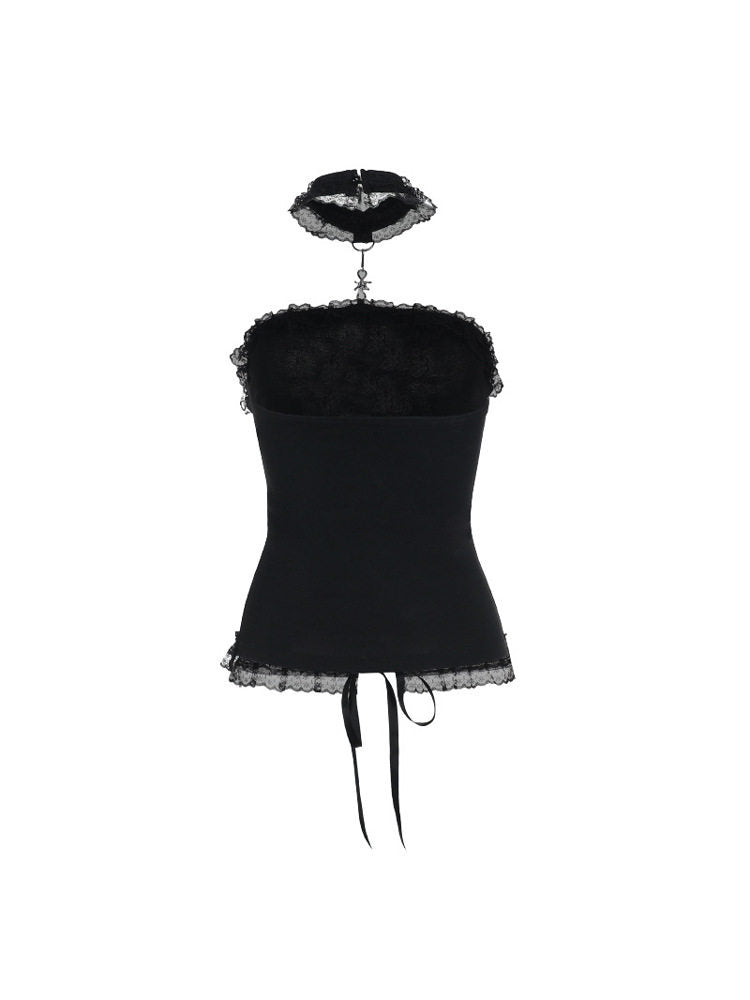 Black corset top with lace-trim hem, ruffled choker, and bow ties at back