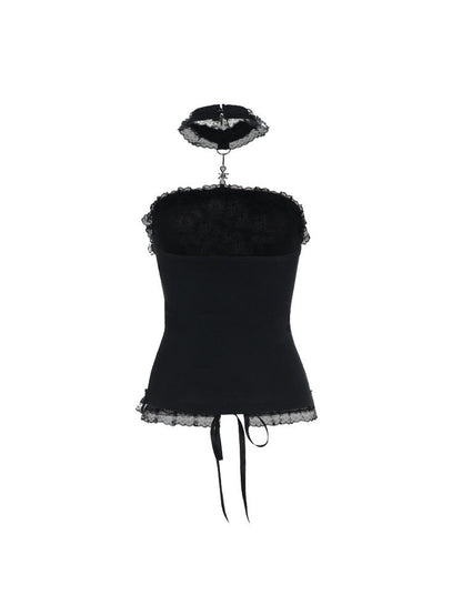 Black corset top with lace-trim hem, ruffled choker, and bow ties at back