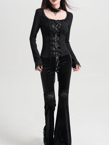 Black long-sleeve gothic top with lace neckline trim and vertical front corset lacing