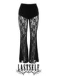 Black high-rise flare pants with floral lace panels and sheer mesh legs