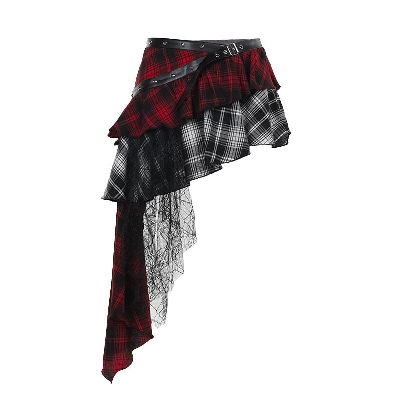 Asymmetrical plaid layered skirt with studded black belt and long sheer fringe panels