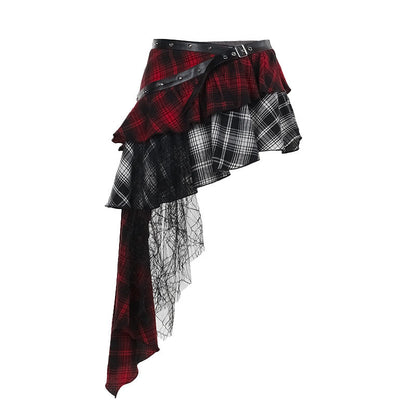 Asymmetrical plaid layered skirt with studded black belt and long sheer fringe panels