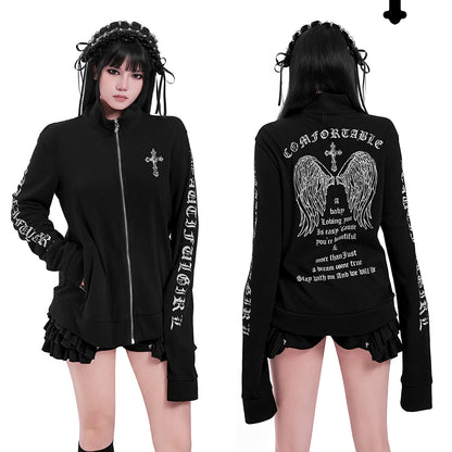 Black zip-up cardigan with cross emblem, long sleeves with printed text, ruffled cuffs