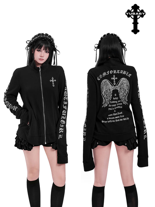 Black Cross Wings Zip-Up Cardigan
