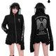 Black zip-up cardigan with cross emblem, long sleeves with printed text, ruffled cuffs