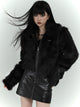 Black faux fur jacket with full-zip front and stand collar