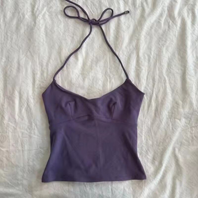 Purple satin camisole with thin straps and neck tie bow