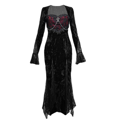 Front view black lace velvet fishtail dress with burgundy corset bodice and long sleeves