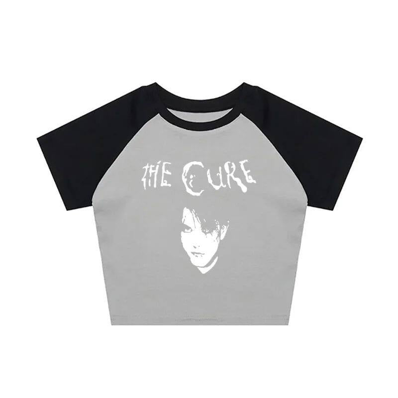 Gray raglan graphic tee with white The Cure logo and portrait print