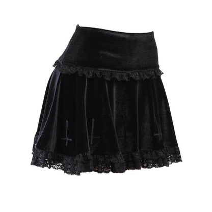 Black embroidered tiered skirt with cross motifs, lace trim, and scalloped edge