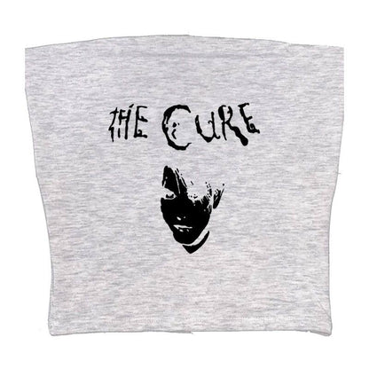 Light gray sleeveless graphic cami, back view with The Cure logo and face