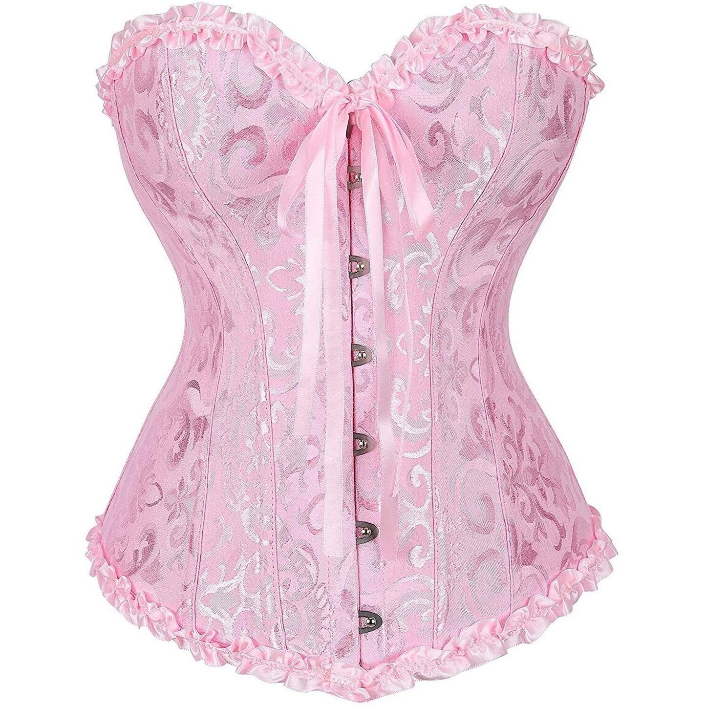 Pink brocade corset with sweetheart neckline, front buttons, sheer ribbon lacing and ruffled trim.