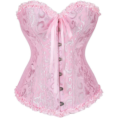 Pink brocade corset with sweetheart neckline, front buttons, sheer ribbon lacing and ruffled trim.