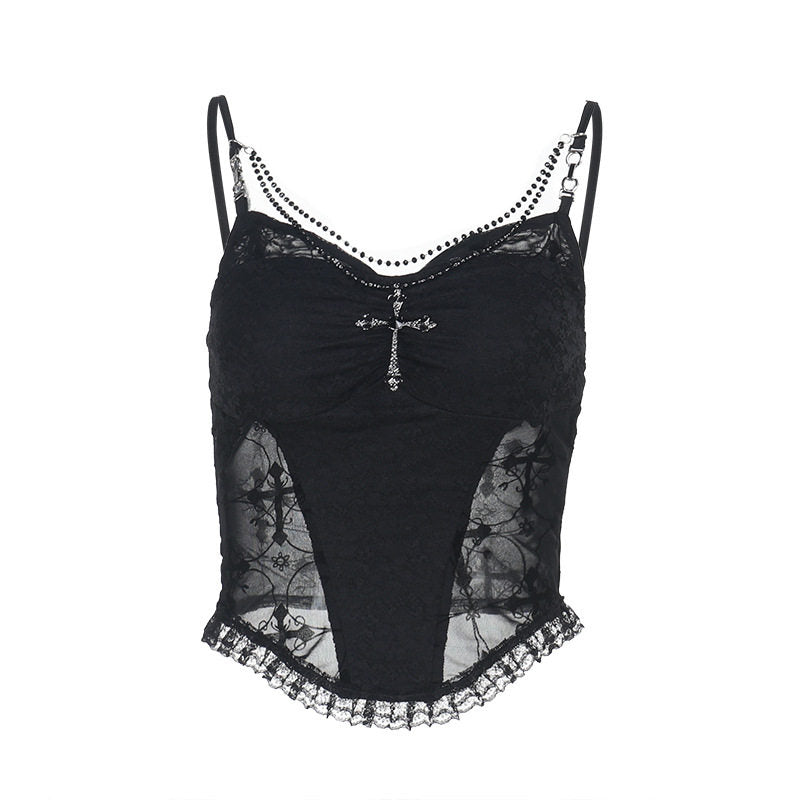 Black lace suspender vest with sheer mesh panels and scalloped lace trim at hem