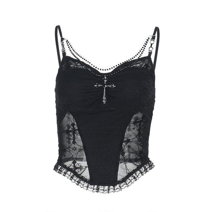 Black lace suspender vest with sheer mesh panels and scalloped lace trim at hem