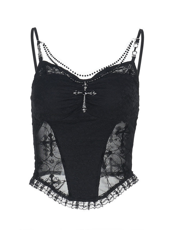 Black sheer lace suspender vest with cross pendant, dotted beaded trim, and lace side panels
