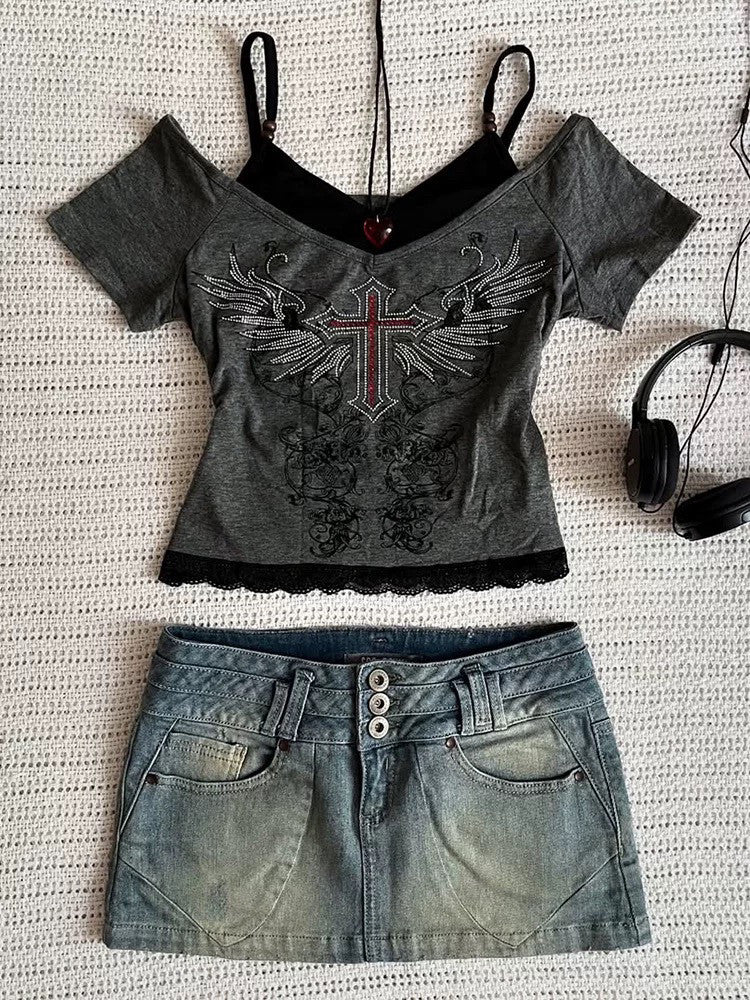 Gray off-shoulder cropped T-shirt with winged cross graphic and dark lace hem