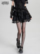 Black gothic ruffle dress with corset-lace front and layered skirt, lace sleeves