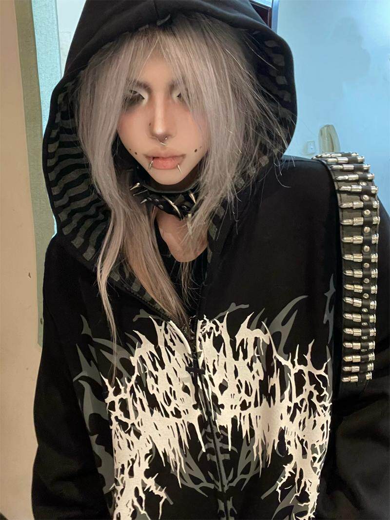 Black hooded zip-up sweatshirt with front white tattoo graphic and black drawstring hood