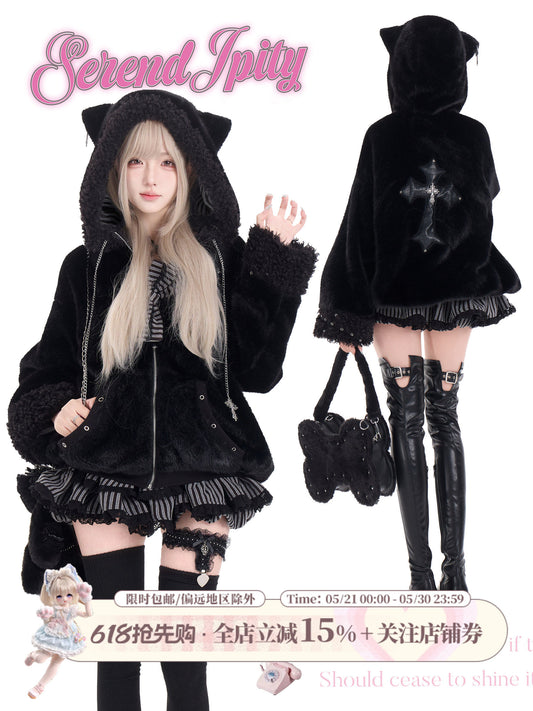 Black Mist Cross Zip Hooded Plush Jacket