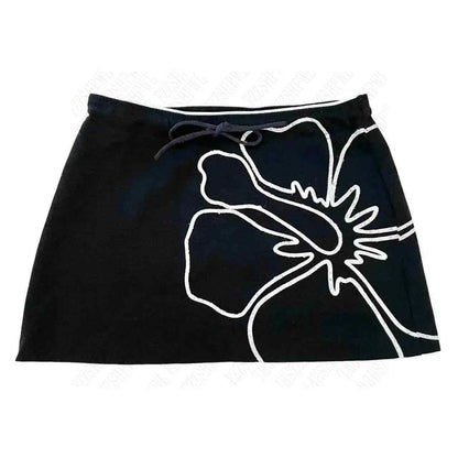 Black mini skirt with white outline animal graphic and adjustable waist tie