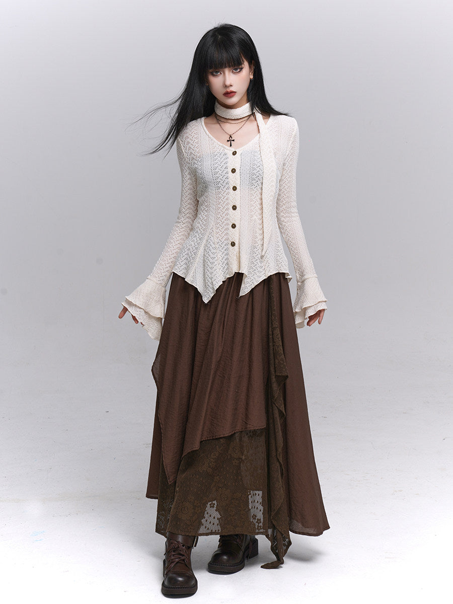 Cream long-sleeve knit cardigan with button front and uneven ruffled hem