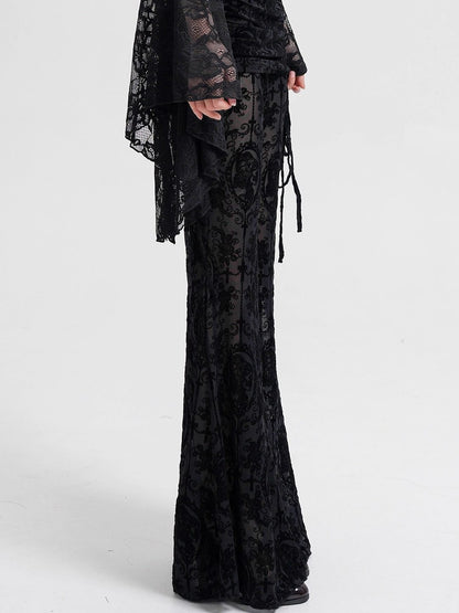 Black mesh flocked culottes with flared bell-leg silhouette and side tassels