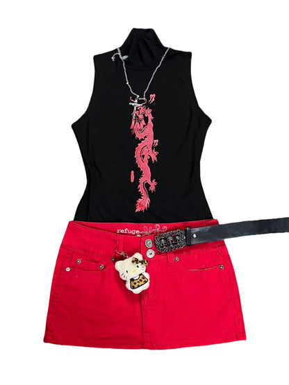 Black sleeveless slim-fit top with high neck and pink dragon graphic
