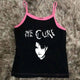 Black sleeveless graphic cami with pink straps and bold white band logo front print