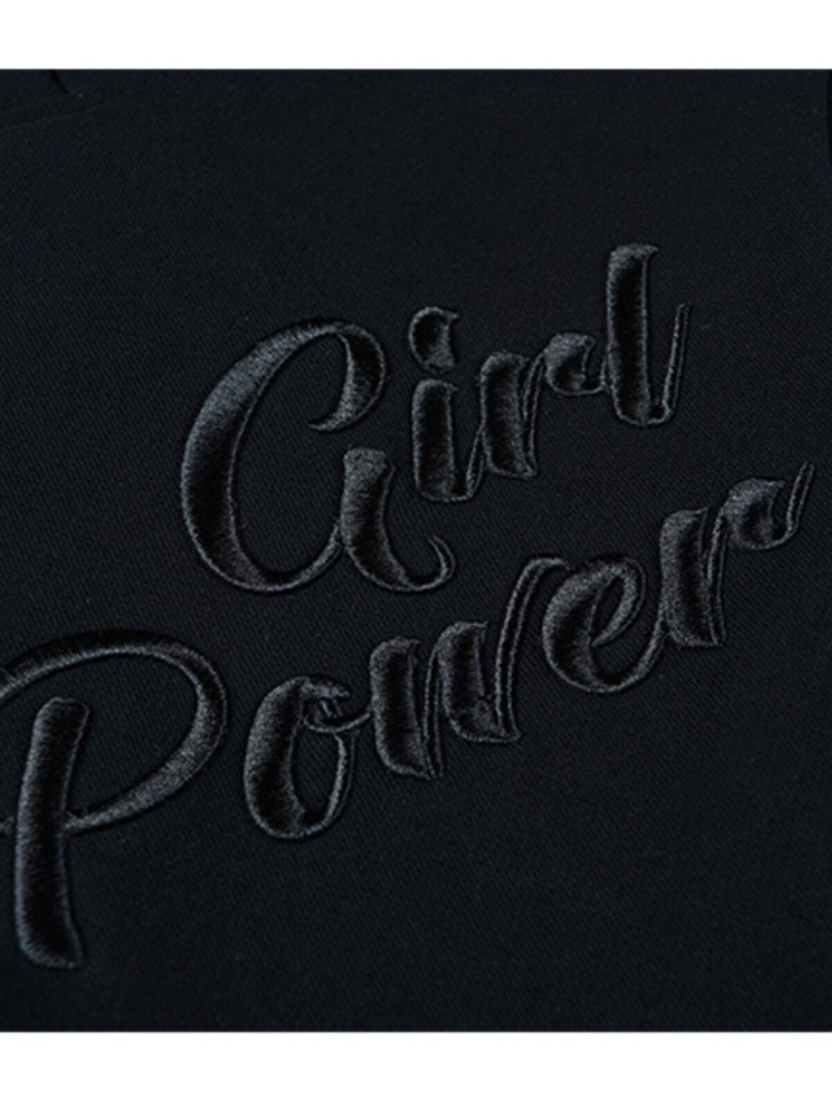 Black hooded sweater fabric with cursive embroidered lettering