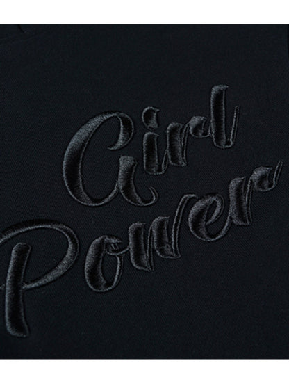 Black hooded sweater fabric with cursive embroidered lettering