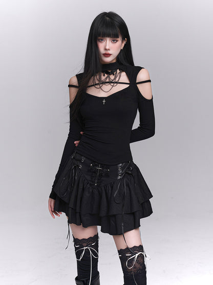 Black gothic cross punk skirt with layered ruffles and studded belt panel