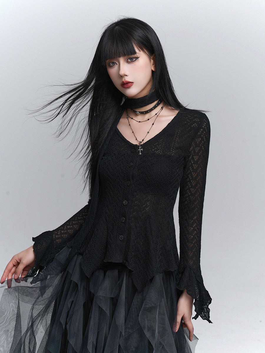 Black long-sleeve knit cardigan with V-neck button front and ruffle peplum hem