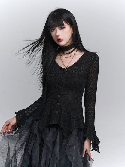 Black long-sleeve knit cardigan with V-neck button front and ruffle peplum hem