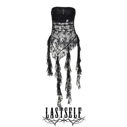 Black bandeau wrap top with sheer lace overlay, ruffle fringe hem and chain cross detail