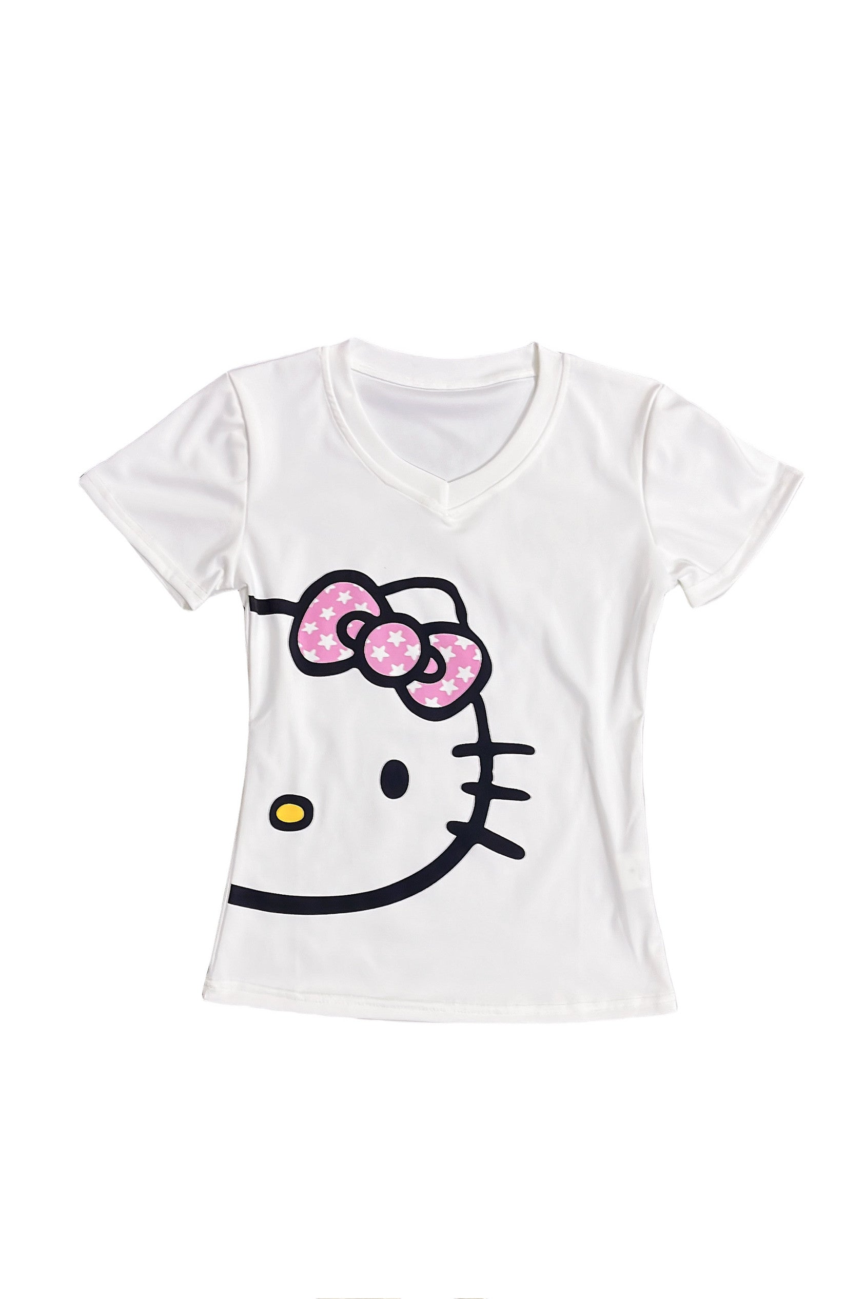 White v-neck T-shirt with kitty cat face graphic and pink bow