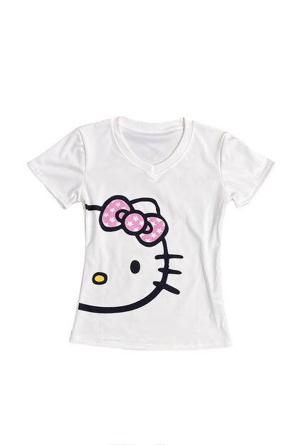 White v-neck T-shirt with kitty cat face graphic and pink bow