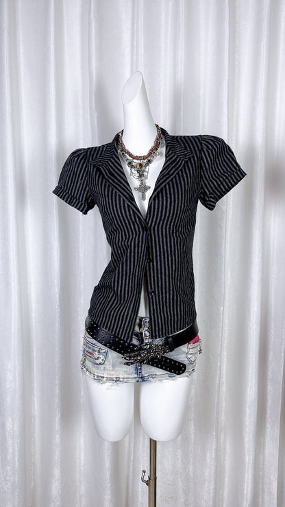Navy pinstriped lapel shirt with short sleeves, button front, and V-neck opening