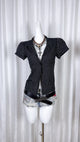 Navy pinstriped lapel shirt with short sleeves, button front, and V-neck opening