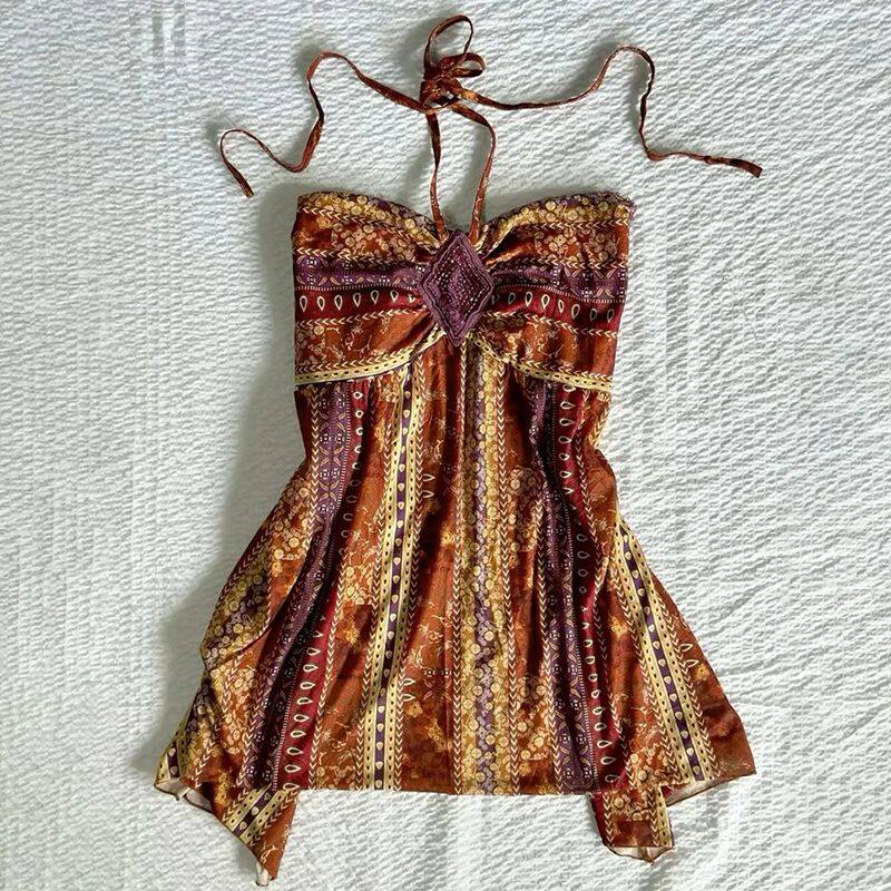 Multicolor patterned camisole with front bow, spaghetti straps, gathered skirted hem