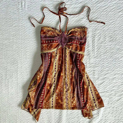 Multicolor patterned camisole with front bow, spaghetti straps, gathered skirted hem